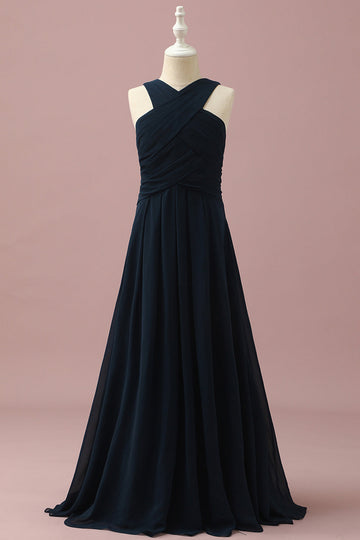 Navy Halter A-Line bez rękawów Junior Bridesmaid Dress